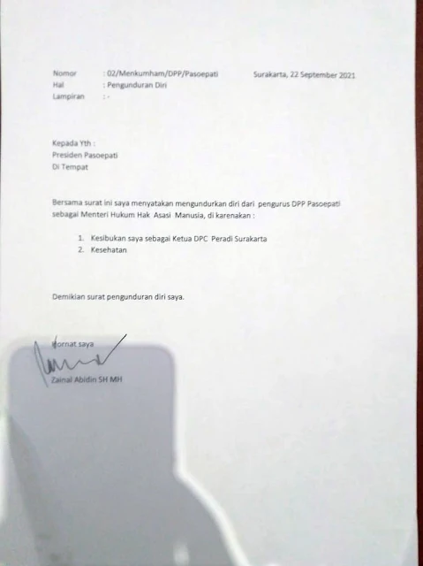 Surat pengunduran diri Zainal Abidin