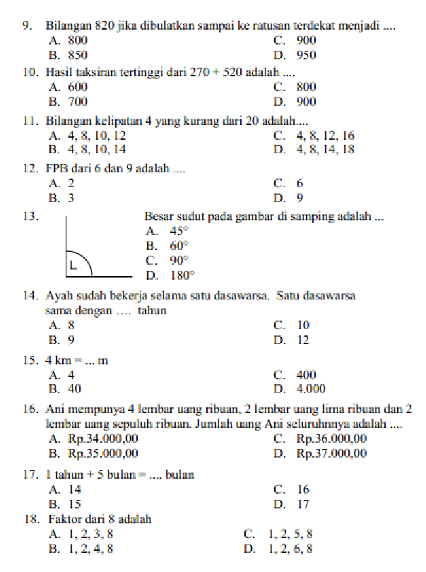 SOAL DAN JAWABAN LATIHAN UAS \/ PAS MATEMATIKA KELAS 4 SEMESTER 1 \/ GASAL  PRESTASI PELAJAR 