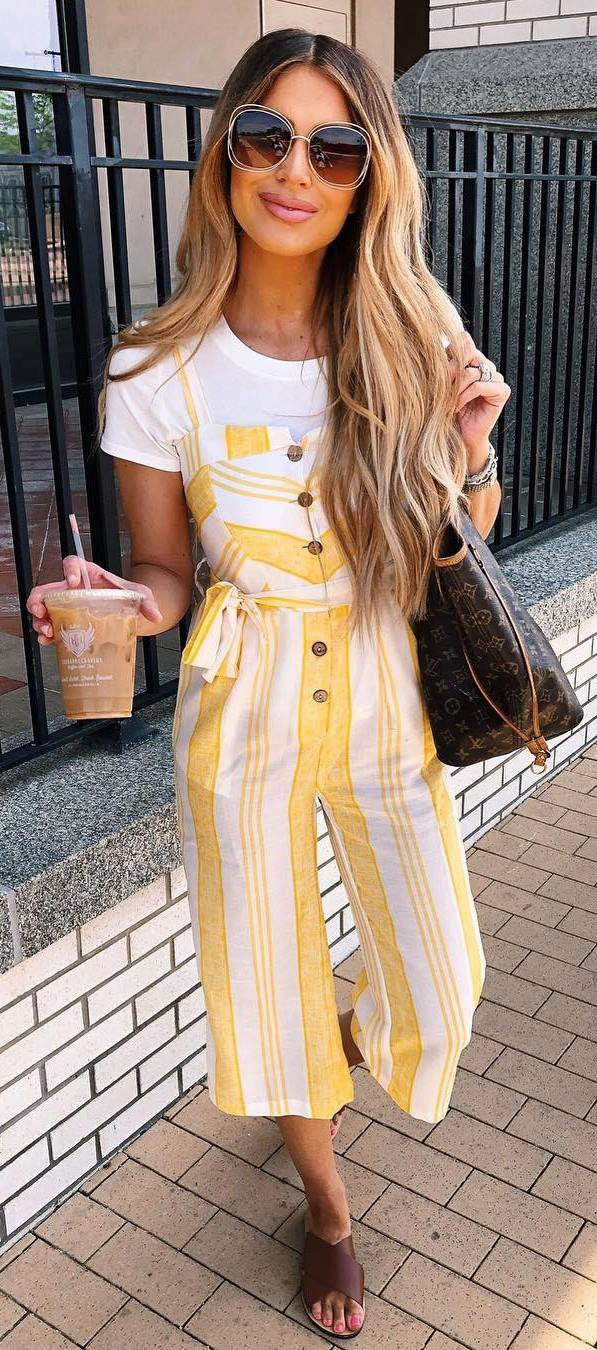 summer look | white tee + yellow striped jumpsuit + bag + brown flip-flop