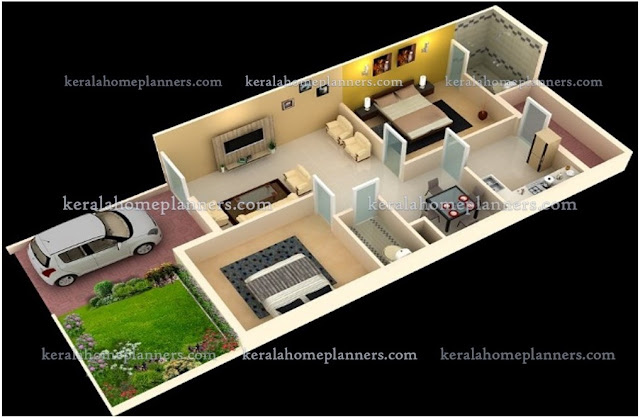  3  Simple 02 Bedroom  Homes Ground  Floor Plans 3D View 