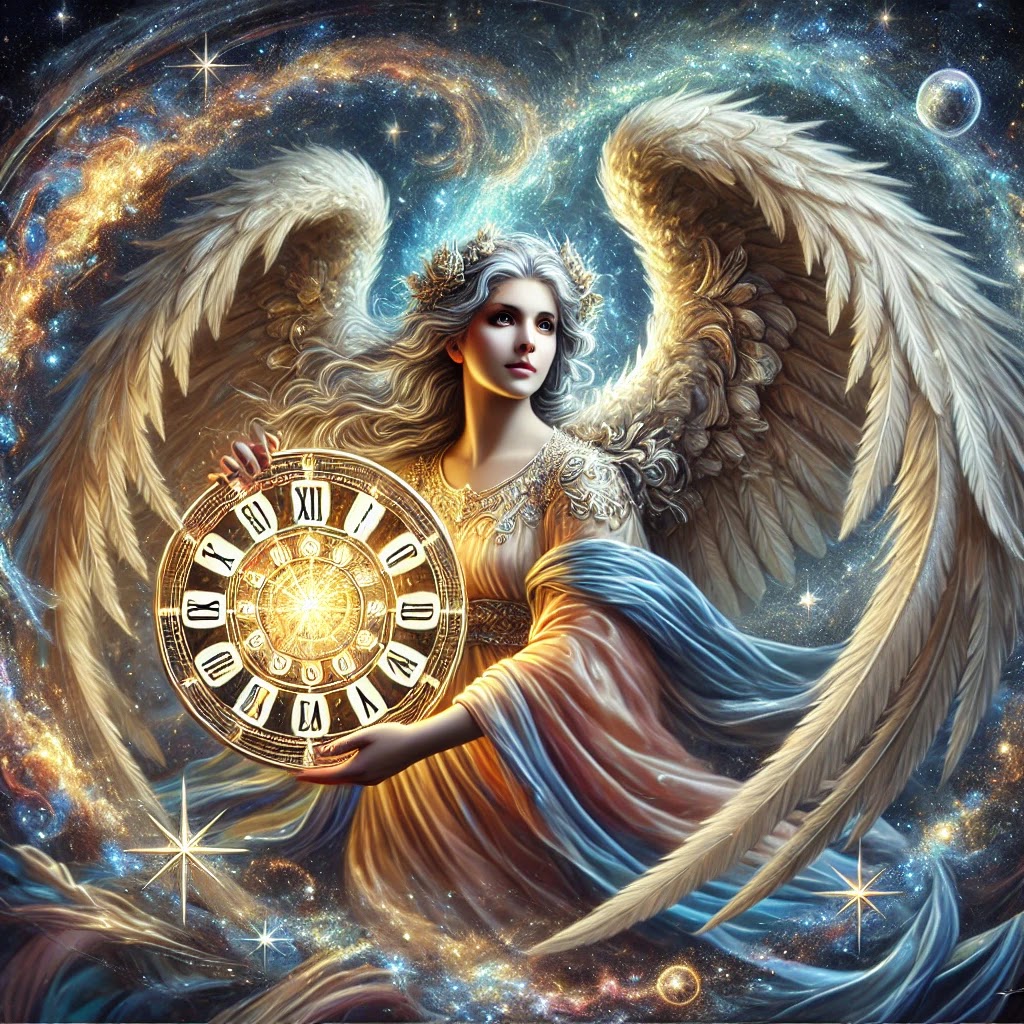 An angel holding a celestial clock, encouraging Aquarius to trust that everything unfolds in divine time.