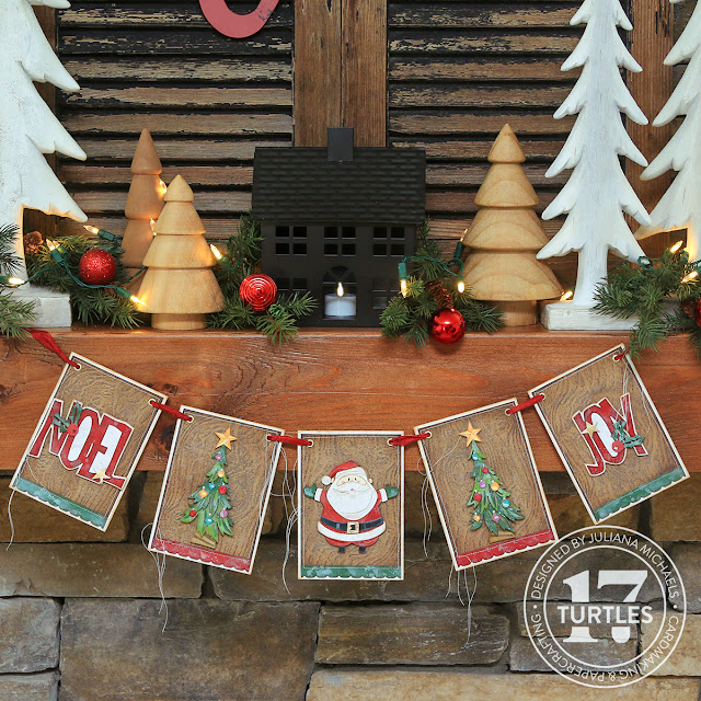 Christmas Banner by Juliana Michaels featuring Tim Holtz Sizzix Christmas 2023 Santa Greetings, Trim A Tree, Big Tidings and Woodgrain