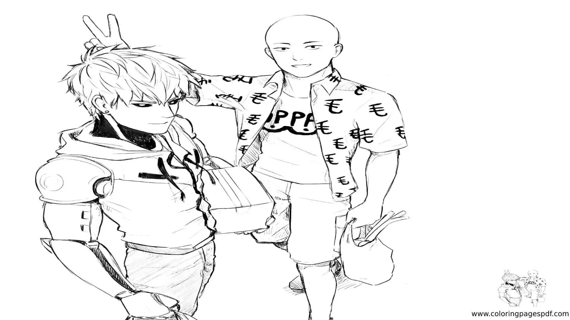 Coloring Page Of Saitama And Genos (One Punch Man)