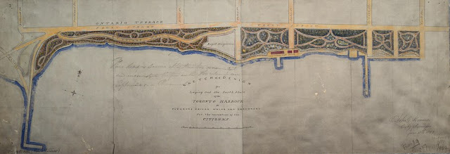 Map by John Howard: Sketch of a design for laying out the North Shore of the Toronto Harbour in pleasure drives, walks and shrubbery for the recreation of the Citizens, June 18, 1852