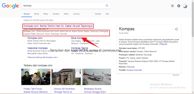 studi kasus yang dilakukan ke kata kunci kompas menunjukan HTML berpengaruh pada snippet deskripsi hasil penelusuran mesin pencari