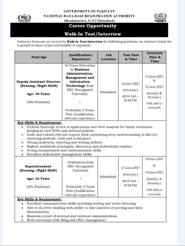 Latest Govt Jobs 2023 - Latest Jobs in Pakistan for National Database and Registration Authority 2023