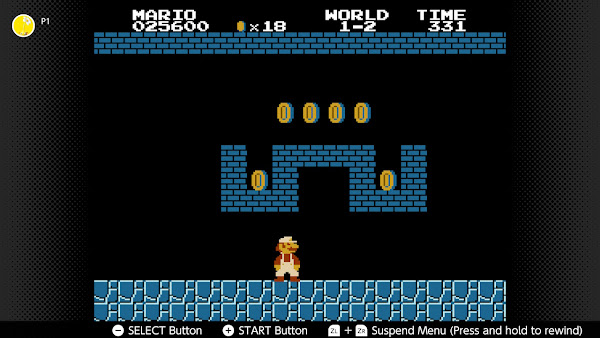 NES-NSO screen shot of Super Mario Bros., level 1-2. Mario is standing under a mustash of dark grey blocks.