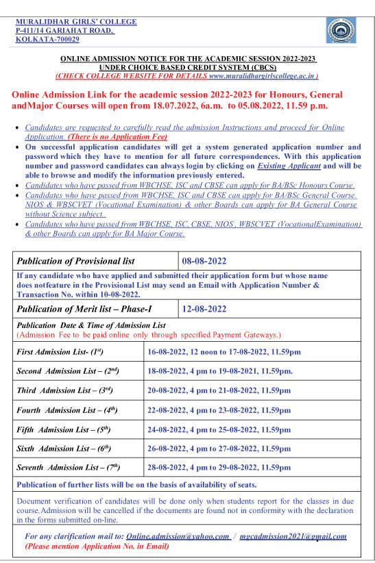 Muralidhar Girls’ College Merit List Date 2022