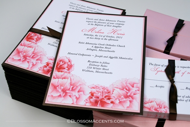 Pink and brown carnation invitations made for a little babies christening