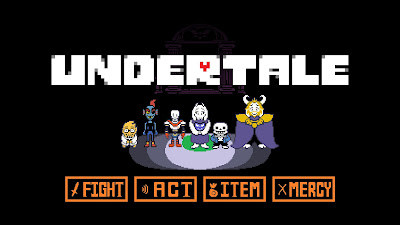 Screenshot of the game Undertale, featuring a colorful pixel art scene of a battle between the player's character and a monster, with dialogue options and battle stats displayed at the bottom of the screen