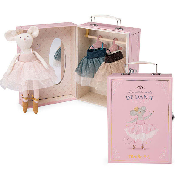 Moulin Roty Tutu Suitcase Ecole De Danse -  this lovely soft toy ballerina mouse comes complete with a wardrobe suitcase and a choice of 3 tutus.
It's a beautifully illustrated hard cardboard suitcase wardrobe which opens to find a mirror, hanging rail and a lovely selection of pink, blue and gold sparkly tutus.
A delightful present!