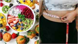 Nutritionist holding healthy food and dumbbell representing diet and fitness