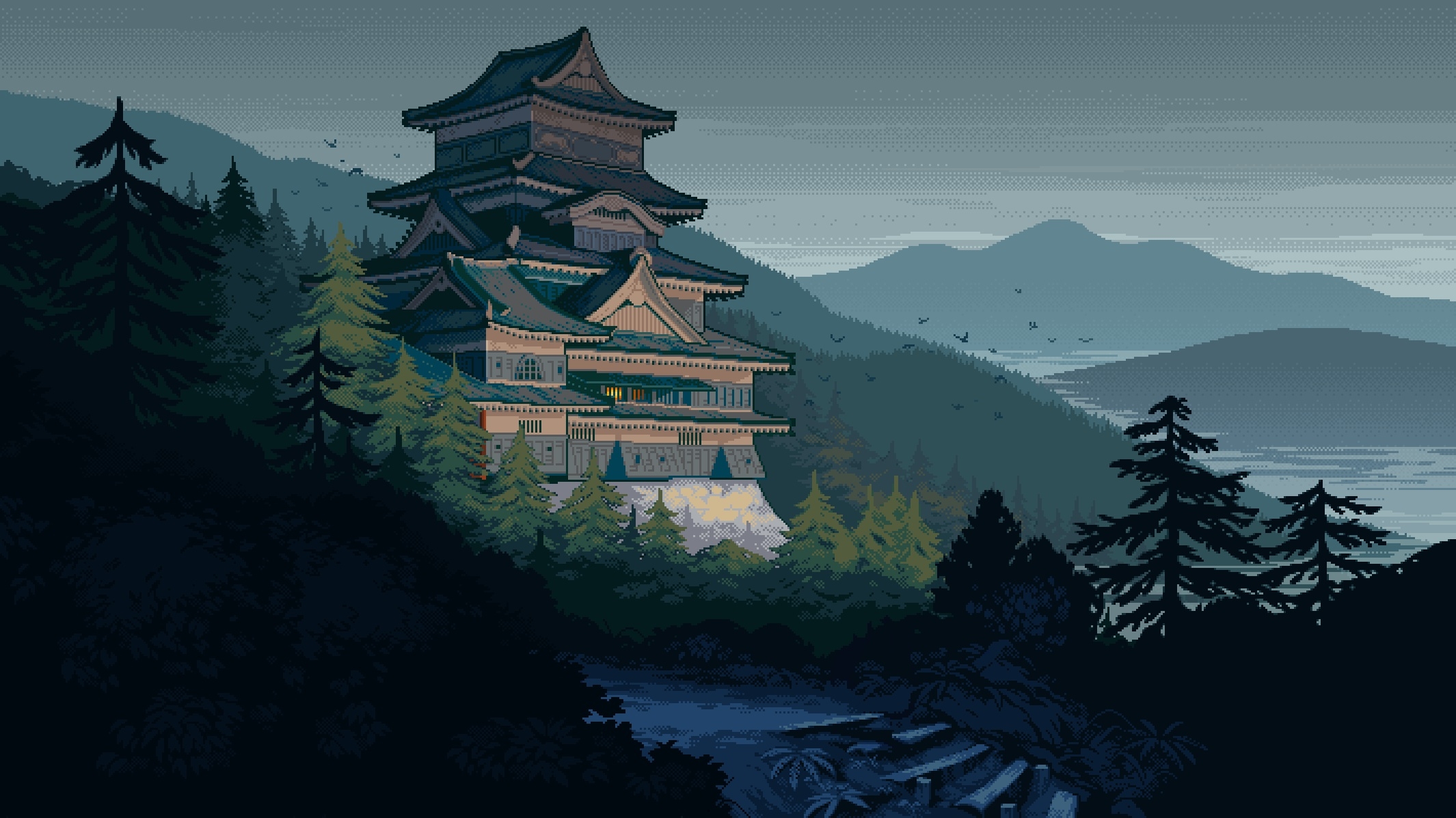 JAPANESE CASTLE PIXEL ART ILLUSTRATION TO USE AS BACKGROIUND WALLPAPER IN LAPTOP OR PC DESKTOP AS MAC OR MACBOOK DEVICES