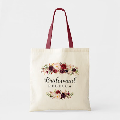  Rustic Burgundy Red Floral Bridesmaid Favor Tote Bag