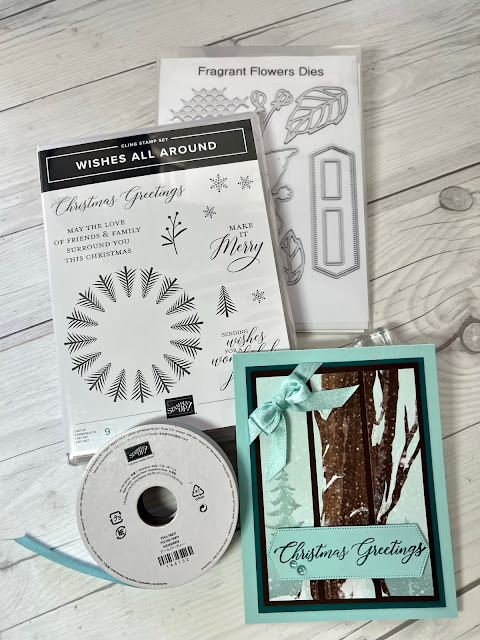 Craft tools and ribbons used with Stampin' Up! One Horse Open Sleigh Designer Series Paper