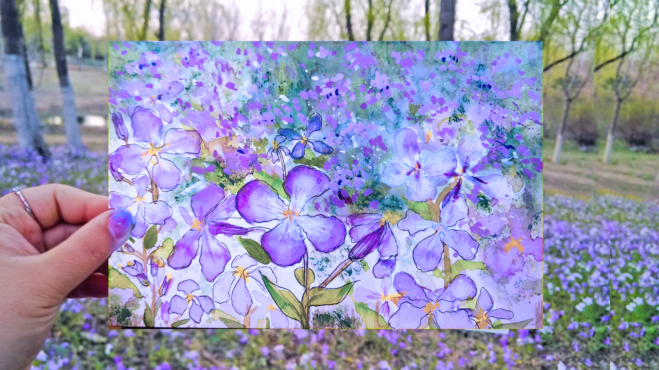 Draw spring flower outside with my dog ) HiArt