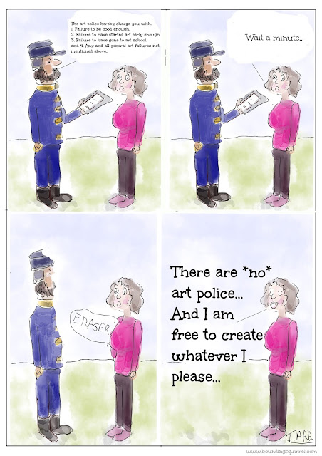 A comic in which a woman erases and is freed from an imaginary "art policeman"