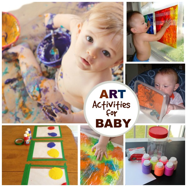 What can baby do? TONS! Here are over 20 fun art activities perfect for young babies (and toddlers too!) Includes tons of taste-safe paint recipes & mess-free art activities