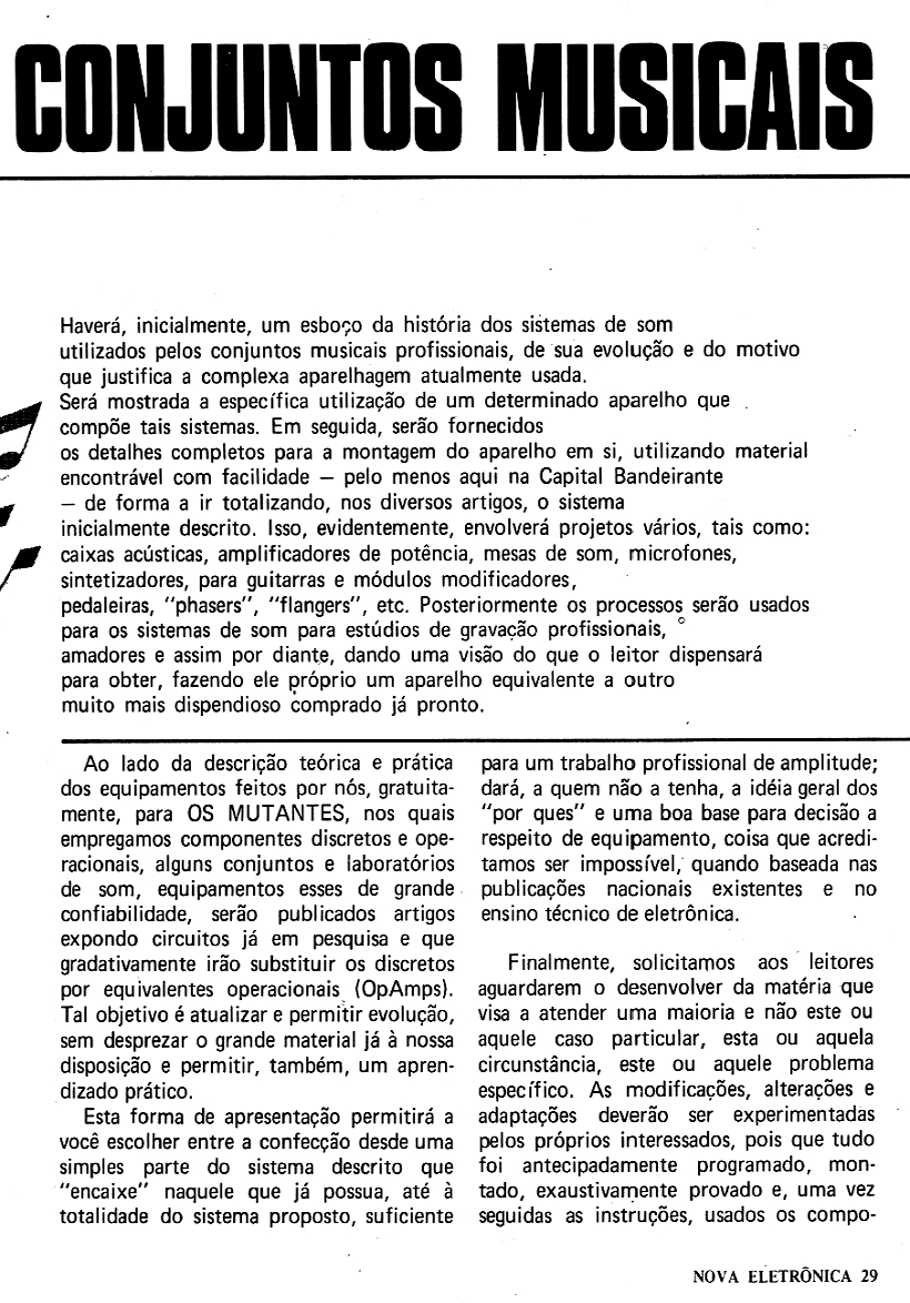 NOVA ELETRÔNICA n.1 fevereiro 1977   ÁUDIO e SONS DIFERENTES NOS CONJUNTOS MUSICAIS