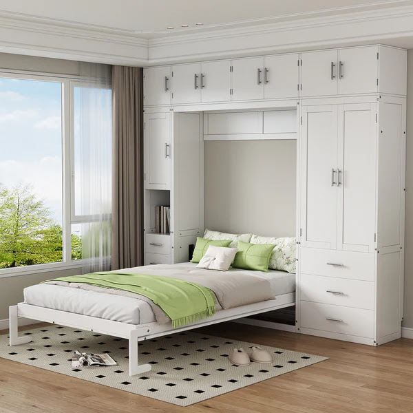 "A stylish full-size Murphy bed with integrated lockers and wardrobe, blending functionality and design in a modern bedroom."