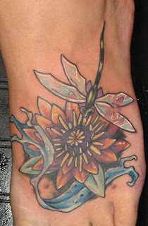 Flower and Dragonfly Tattoo Design on Foot