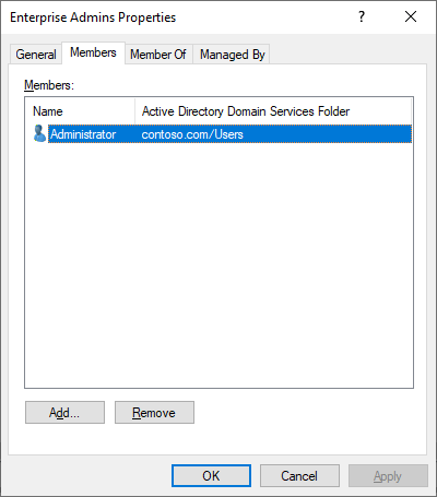 Screenshot of Enterprise Admins group with the parent domain Administrator only