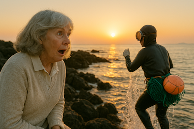 Foreign tourist watching Jeju haenyeo dive into the sea with traditional gear during coastal experience session