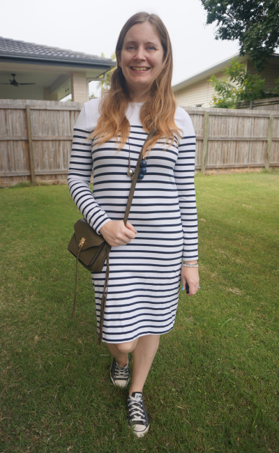 kmart navy white striped shift dress with converse rebecca minkoff mini darren bag | awayfromblue