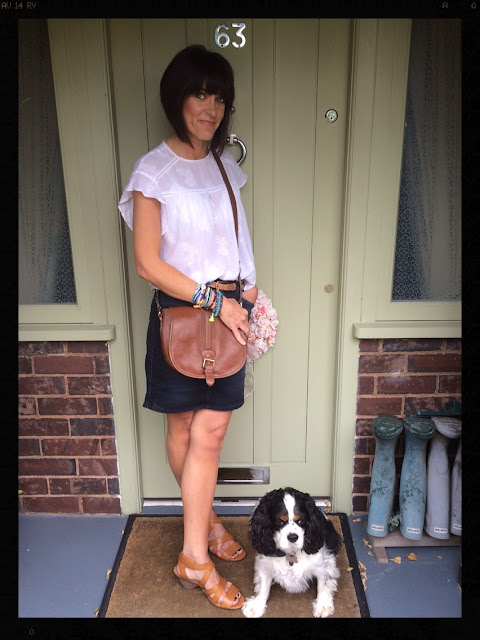 My Midlife Fashion, Clarks, Zara, CocoBay, Hipanema, Denim Skirt, Saddle Bag, tan sandals, cream floaty boho top