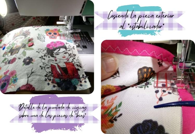 Collage con dos imágenes: a la izquierda y arriba se muestra la tela de Frida Kahlo mientras la voy cosiendo con zigzag por todo el contorno al estabilizador, y abajo a la derecha una muestra del zigzag sobre el bies fucsia.