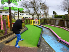 Richard Gottfried playing the Pirate Crazy Golf course at Pontins Camber Sands Holiday Park