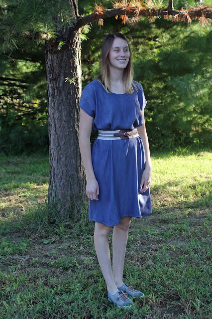 Lou Box Top lengthened to a dress, made in Tencel Denim