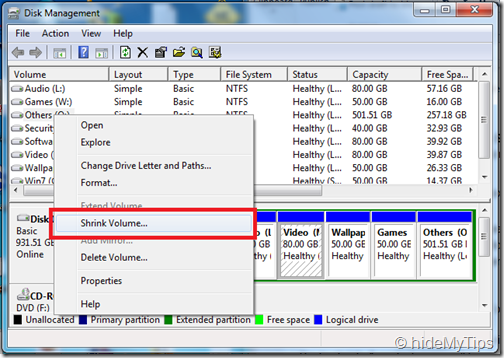 Shrink the partition in Windows 7 and Vista