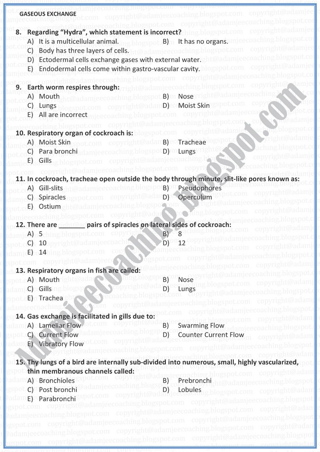 Biology Mcqs XI - Gaseous Exchange