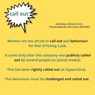 Examples of usage of the phrasal verb call out, without key collocates highlighted: Women are too afraid to call out bad behaviour for fear of losing a job. It came only after the company was publicly called out by several people on [social media]. This has been rightly called out as hypocritical. This behaviour must be challenged and called out.