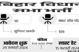 बिहार विधान सभा में जूनियर क्लर्क सहित 109 पदों पर भर्ती 2024, सैलरी डेढ़ लाख से ज्यादा (Recruitment 2024 for 109 posts including Junior Clerk in Bihar Legislative Assembly, salary more than Rs 1.5 lakh)