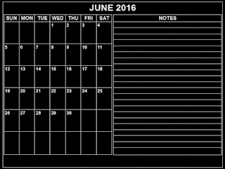 June 2016 monthly calendar