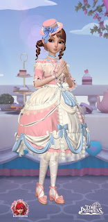Rae in a pink and blue Lolita-style tea party dress