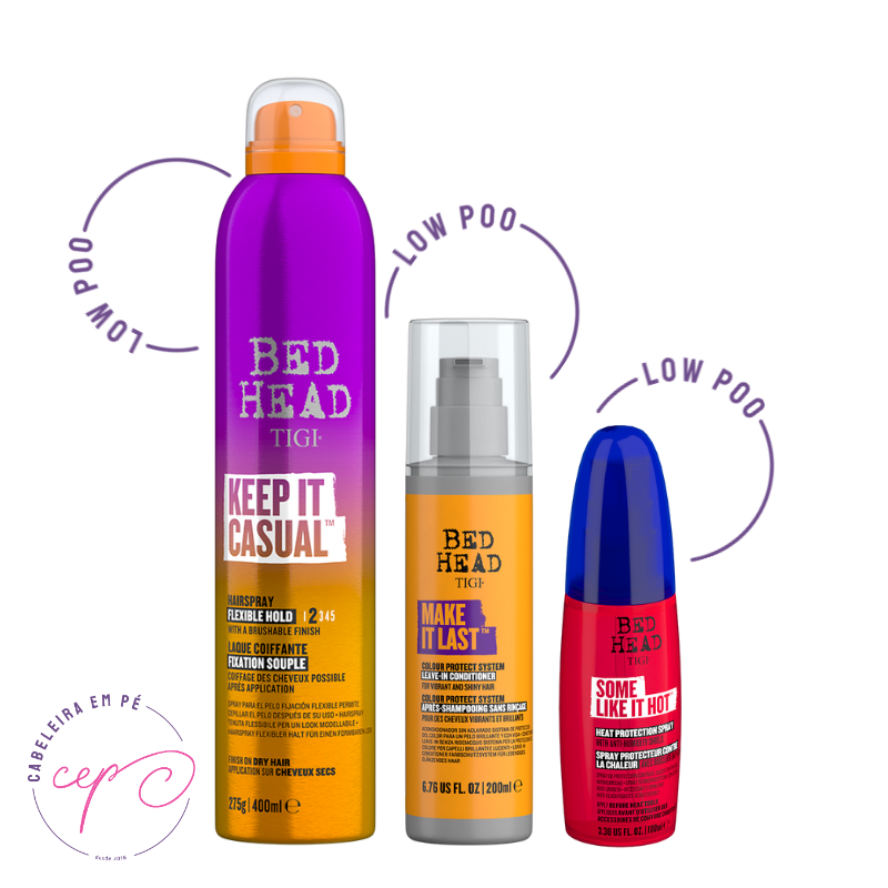 Leave-in Multifuncional Make It last, Spray Protetor Térmico Some Like it Hot e Spray de Fixação Keep it Casual Hairspray - Bed Head (Low Poo)