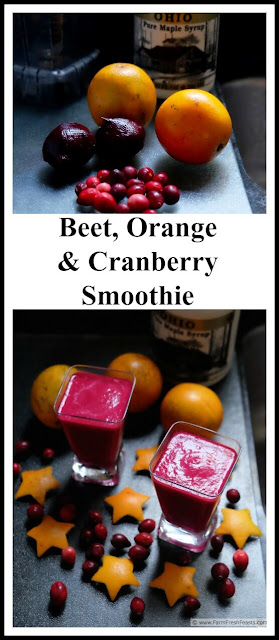 This recipe is a vegan smoothie that combines seasonal citrus, beets, and cranberries with a generous splash of maple syrup to make it go down nice and easy.