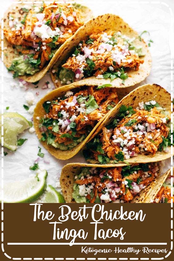 These Chicken Tinga Tacos are THE BEST! Saucy, spicy, real food perfection. Includes directions for the Instant Pot. #tacos #chickentacos #chickentinga #instantpot #chickenrecipe 