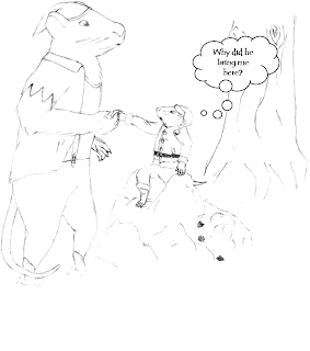 The rat, now dressed with a shorter floppy hat and an open shirt with short, jagged sleeves, helps Frank-the-mouse climb onto a rock. Frank now wears a smaller version of the coat, hat, and pants lined with fluff from before, which fit him perfectly. The rock is about twice Frank's size, but only reaches the rat's waist. The rock is in front of a tree with strange markings by a knothole. "Why did he bring me here?" thinks Frank, as he pushes himself up using a strange outcroping that rises vertically out of the rock. 