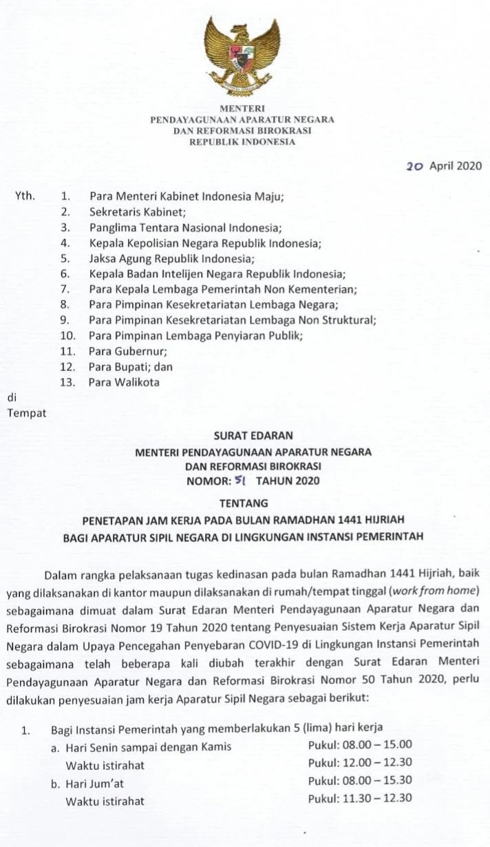 Penetapan Jam Kerja pada Bulan Ramadhan 1441 H, bagi ASN di Lingkungan Instansi Pemerintah