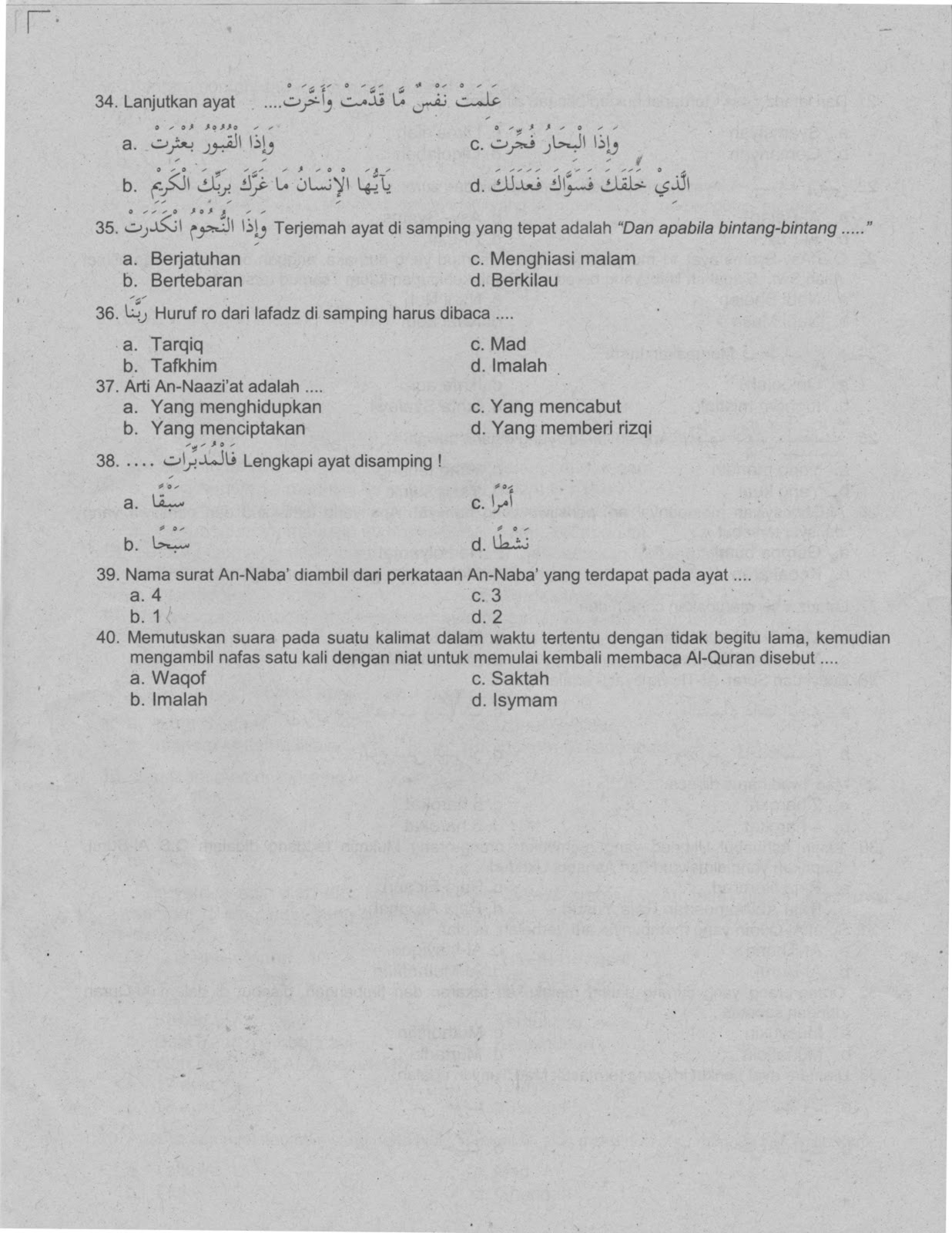 Kumpulan Soal Ujian Akhir Diniyah Takmiliyah Awaliyah Mata Pelajaran