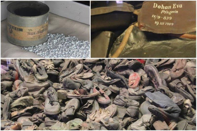 Lata de zyklon B y pequenos terrones delos que se obtiene el gas, maletas con nombres, zapatos en el campo de concentración de Auschwitz I