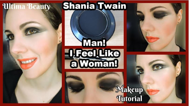 College of six photos: text reads: "Ultima Beauty Shania Twain Man! I Feel Like A Woman Makeup Tutorial" Photo 1: Ultima Beauty wearing makeup inspired by Shania Twain's Man! I Feel Like A Woman music video; Photo 2: Matte Black Eyeshadow Single; Photo 3: Ultima Beauty, eyes closed, wearing makeup inspired by Shania Twain's Man! I Feel Like A Woman music video; Photo 4: Eyeshadow blending brush; Photo 5: Close up of Ultima Beauty's eyes wearing eyeshadow inspired by Shania Twain's Man! I Feel Like Woman music video; Photo 6: Ultima Beauty, eyes opened, wearing makeup inspired by Shania Twain's Man! I Feel Like A Woman music video