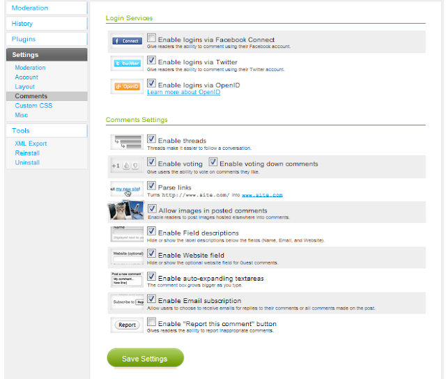 comment settings for Intensedebate comments