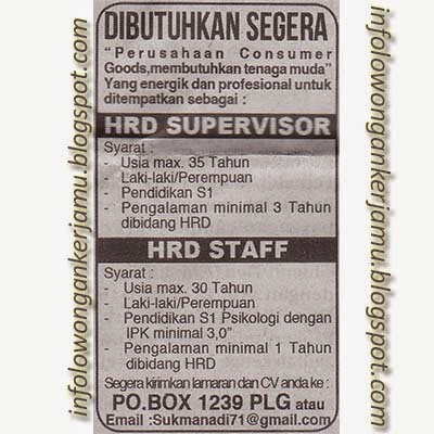 Loker HRD Supervisor & HRD Staff untuk Sarjana S1