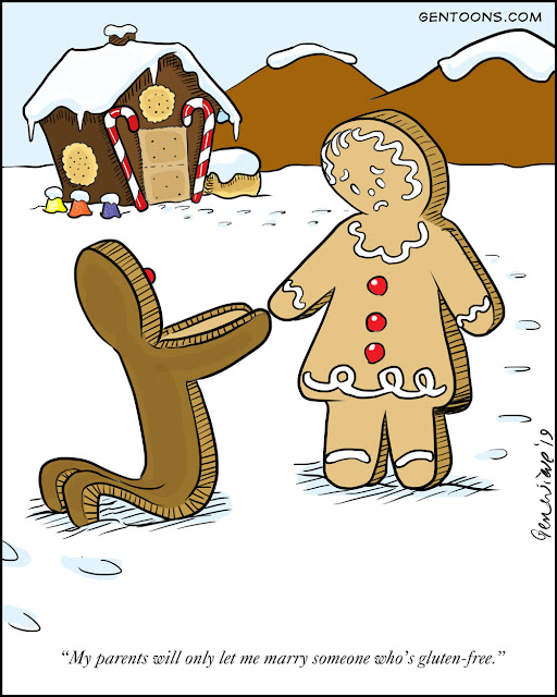 the gingerbread man kneels in the white icing snow, proposing to his gingerbread lady. but she sadly says "My parents will only let me marry someone who's gluten-free."