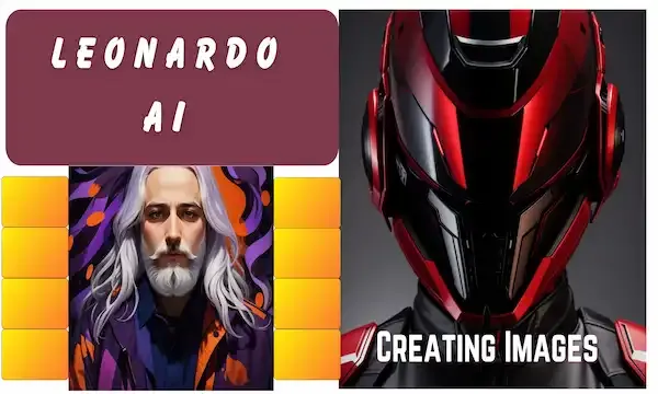 This is a graphic design image with a pink background and two images on either side. The image on the left is a portrait of a person with long purple hair and a gold earring. The face is blurred out. The image on the right is a close up of a red and black helmet with a futuristic design. The text on the top reads “LEONARDO AI” and the text on the bottom right reads “Creating Images”.